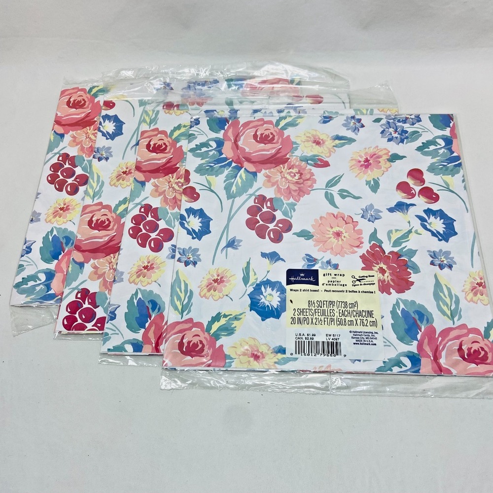 VTG Lot of 4 Hallmark Any Occasion Gift Wrap Sheets:‎ 20"x 2.5' Pink Floral NOS